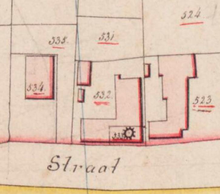 Molen rosoliemolen van Dirk van Poppelen (Berghem), detail van de Kadastrale kaart 1811-1832: minuutplan Berghem, Noord-Brabant, sectie A, blad 02 (MIN10015A02) | Database Nederlandse molens