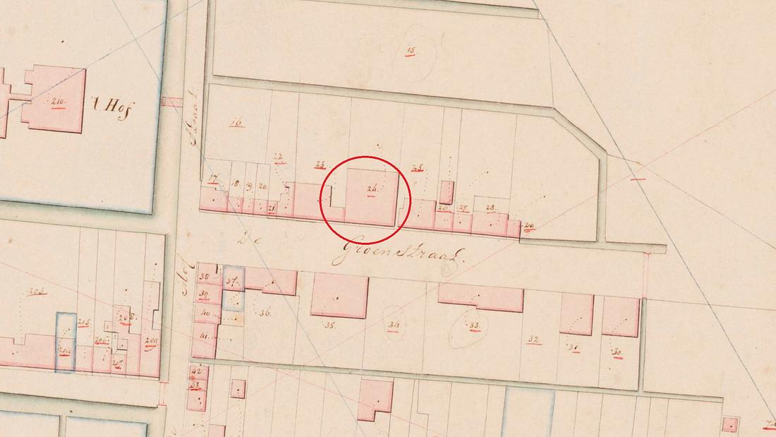 Molen rosmolen van Jan Sonneveld (Willemstad), Kadastrale kaart 1811-1832: minuutplan Willemstad, Noord-Brabant, sectie E, blad 01 (MIN10175E01) | Database Nederlandse molens