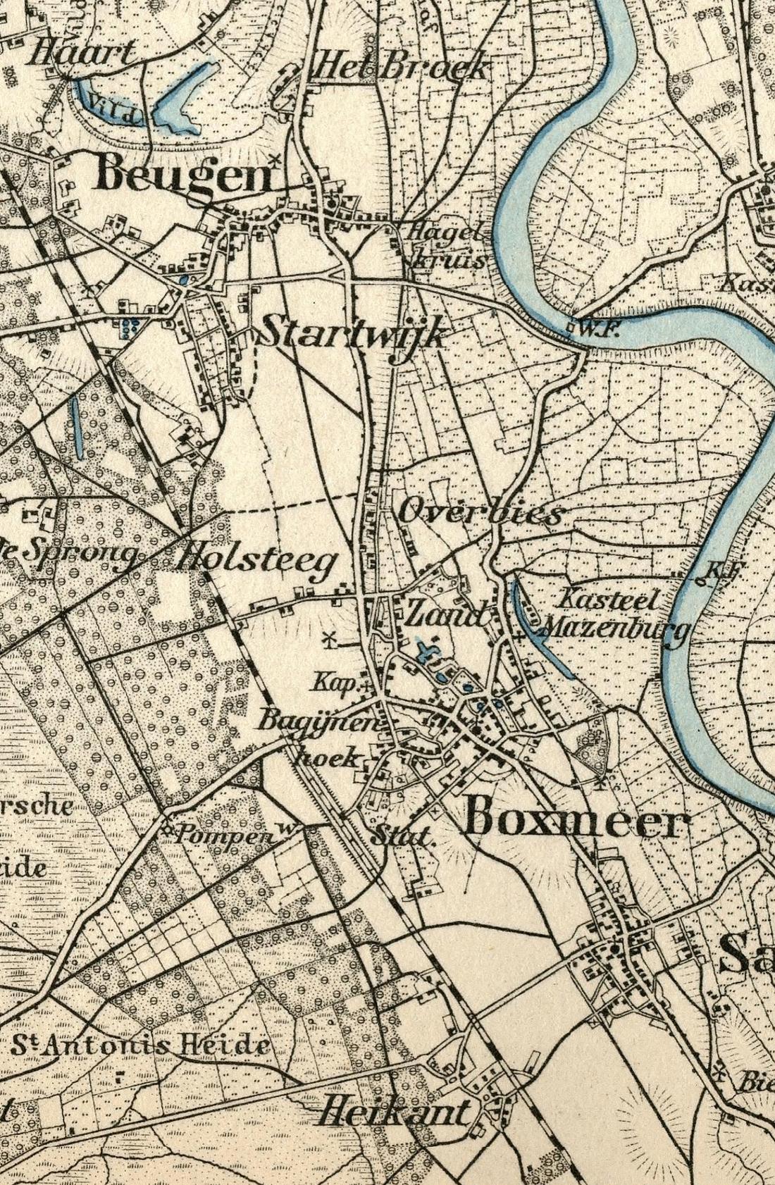 2, Molen Pompmolen (Boxmeer), Detail van een Duitse kaart 352.Geldern van Reichsamt für Landesaufnahme (1893) wordt de molen eveneens op dezelfde locatie aangeduid met een gecombineerd water- en windmolen-icoontje met de tekst "Pompen W."&nbsp; | Database Nederlandse molens