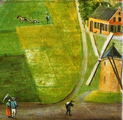 Molen 03139 a Windmolen van Gemert / De Beer (Gemert), deel van schilderij, ca 1820, schilder anoniem. Boven de molen is het Hooghuis (molenhuis) zichtbaar | Database Nederlandse molens