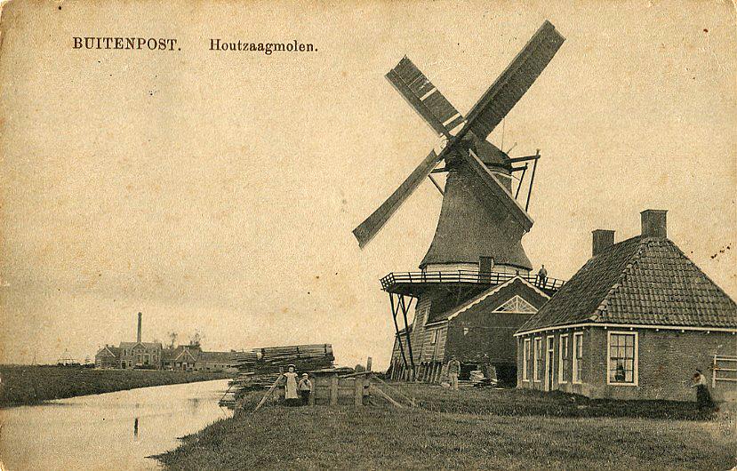 Molen 03239 a (zaagmolen) (Buitenpost/ Bútenpost), Ansichtkaart, verzonden in 1914, collectie Paul van den Berg | Database Nederlandse molens