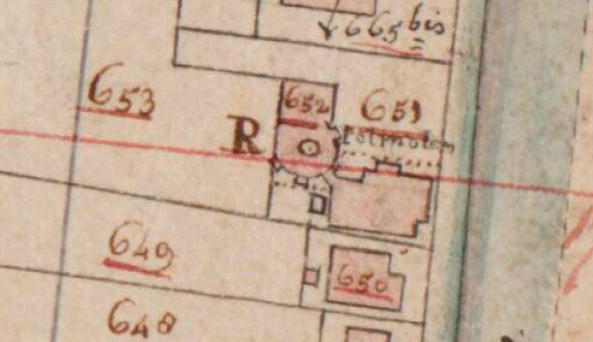 Molen 10907 (koren- en pelmolen) (Veendam), Detail van de Kadastrale kaart 1811-1832: minuutplan Veendam, Groningen, sectie B, blad 03 | Database Nederlandse molens