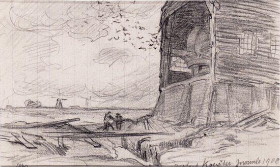 3, Molen 03624 c Molen van Koevorderhuis (Langweer/ Langwar), Afb. 4: Tekening van Ids Wiersma, 1908 (coll. D. Bunskoeke) | Database Nederlandse molens