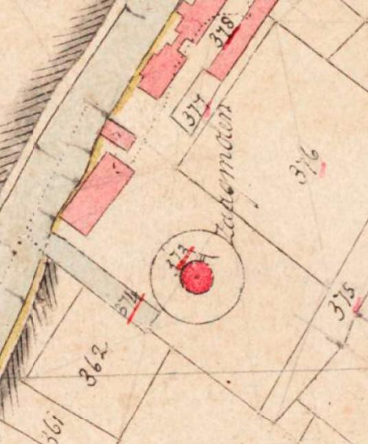 2, Molen 02853 c De Herderin, later resp. Nooit Gedacht, De Nijverheid en De Twee Gebroeders (Hazerswoude-Dorp), Detail van de Kadastrale kaart 1811-1832: minuutplan Hazerswoude, Zuid-Holland, sectie A, blad 02 | Database Nederlandse molens