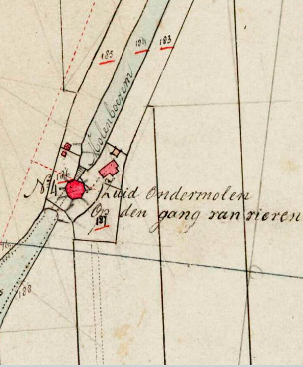 Molen 00951 d Hazerswoudsche Droogmakerij (Westvaart viergang), ondermolen (4 van 4) (Hazerswoude-Dorp), Kadastrale kaart 1811-1832: minuutplan Hazerswoude, Zuid-Holland, sectie F, blad 01 | Database Nederlandse molens