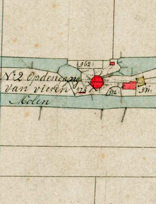 Molen 00951 b Hazerswoudsche Droogmakerij (Westvaart viergang), middelbovenmolen (2 van 4) (Hazerswoude-Dorp), Kadastrale kaart 1811-1832: minuutplan Hazerswoude, Zuid-Holland, sectie A, blad 03 | Database Nederlandse molens