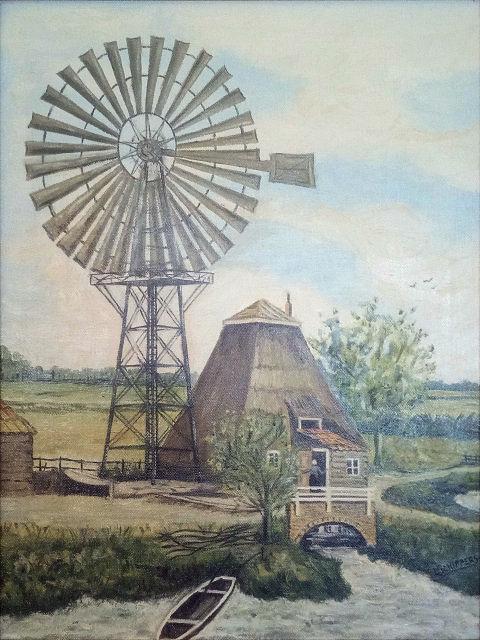 Molen 00916 a Polder Lange Weide, Langeweijdsche Molen (1) (Hogebrug), Schilderij coll. Renzo Verwoerd | Database Nederlandse molens