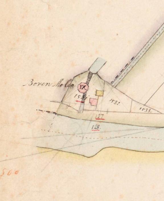 Molen 01007 e Vierambachtspolder, oostelijke viergang, molen nr. 9 (Alphen aan den Rijn), Kadastrale kaart 1811-1832: minuutplan Ter Aar, Zuid-Holland, sectie A, blad 05 | Database Nederlandse molens