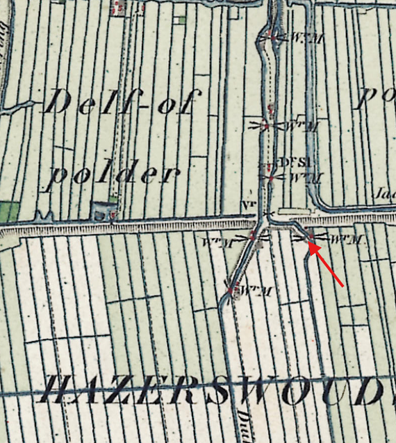 Molen 00951 g Hazerswoudsche Droogmakerij (Westvaart driegang), ondermolen (3 van 3) (Hazerswoude-Dorp), detail van top. kaart 1887 | Database Nederlandse molens