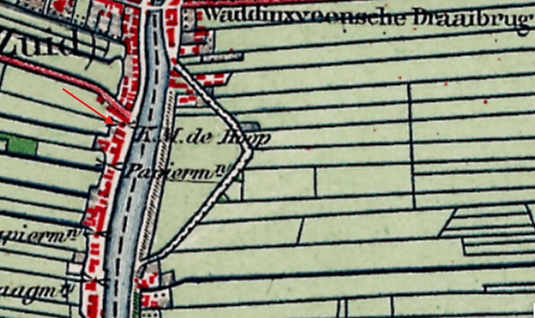 Molen 01213 q De Hoop (1e) (Waddinxveen), detail van topograf.kaart 1881 | Database Nederlandse molens