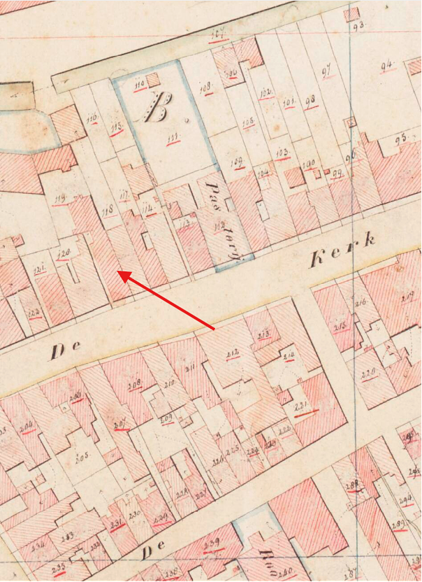 Molen Grutterij aan de Grote Kerkstraat (Steenbergen), Kadastrale kaart 1811-1832: minuutplan Steenbergen en Kruisland, Noord-Brabant, sectie W, blad 02 | Database Nederlandse molens