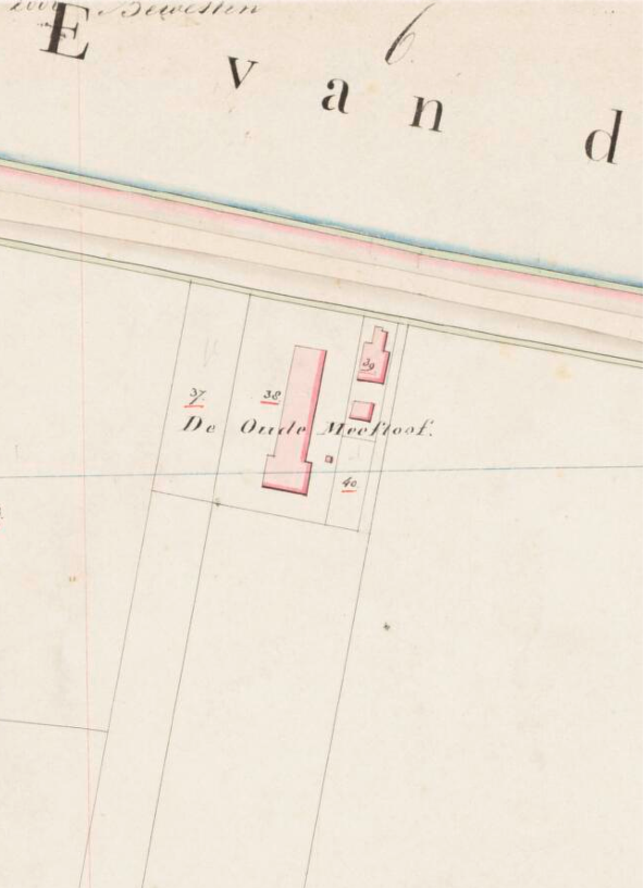 Molen 15708 De Oude Meestoof (Steenbergen), detail Kadastrale kaart 1811-1832: minuutplan Steenbergen en Kruisland, Noord-Brabant, sectie V, blad 01 (MIN10147V01) | Database Nederlandse molens