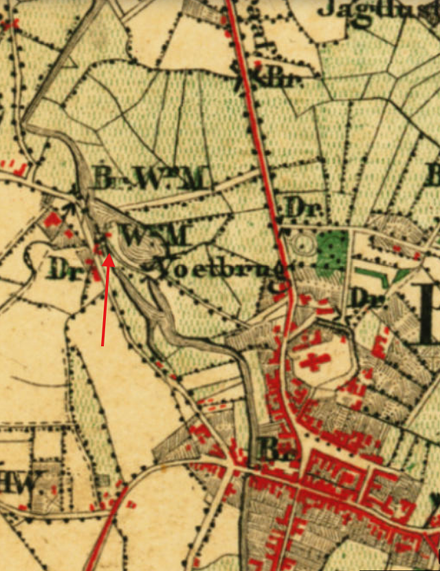 Molen 13874 Vol- en korenmolen op het Smalwater (rechts) (Boxtel), detail top.milit. kaart 1830 | Database Nederlandse molens