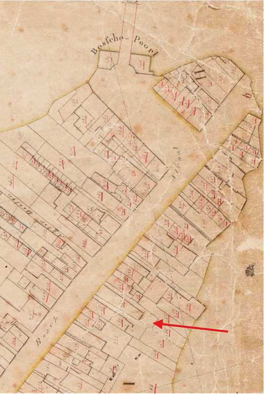 Molen 18125 Grutterij 'De Zon' - aan de Boschstraat (Breda), Kadastrale kaart 1811-1832: minuutplan Breda, Noord-Brabant, sectie B, blad 02 | Database Nederlandse molens