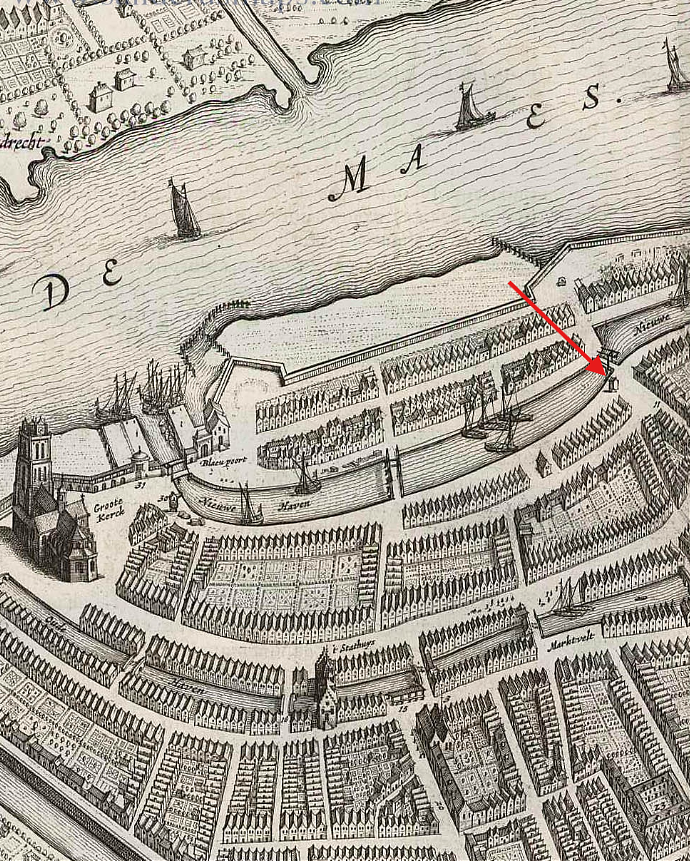 Molen 16181 Kadekraan Knolhaven (Dordrecht), detail van kaart van Dordrecht, getekend door Joan Blaeu | Database Nederlandse molens