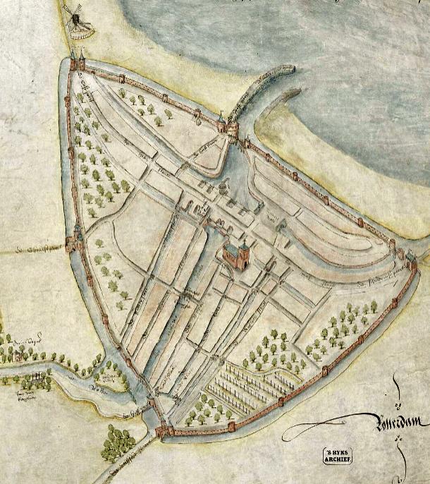 3, Molen 15859 (kraanmolen) (Rotterdam-centrum), Kaart van de rivier de Rotte. Januari 1567.&nbsp;Vervaardigd door Jan Potter. Collectie Nationaal Archief | Database Nederlandse molens