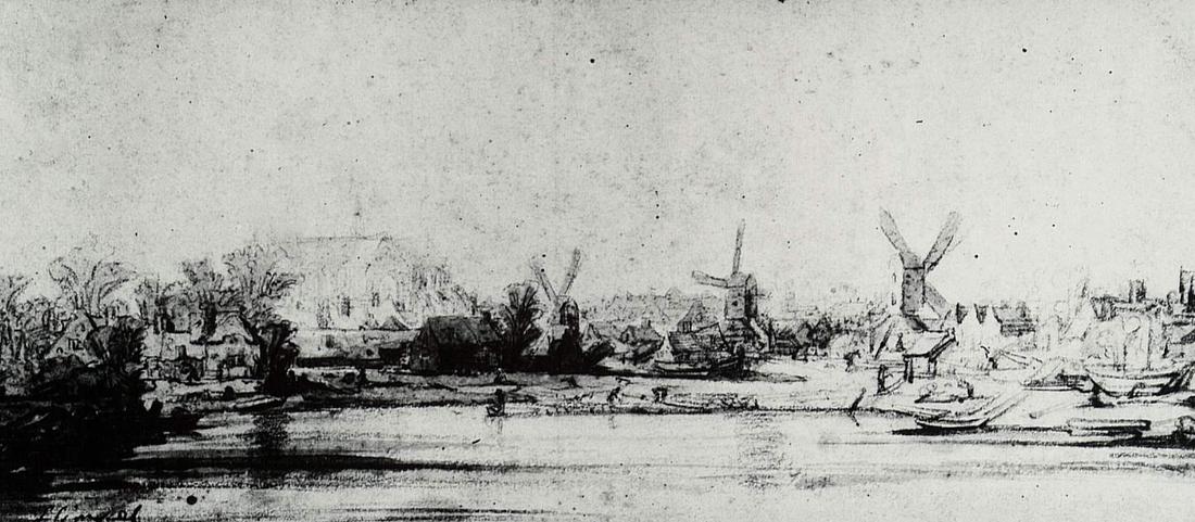 3, Molen 12060 Kapmolentje (Dordrecht), Gezicht over de Spieringhaven naar de Grote Kerk. Rechts molen De Backerinne op de Sluisweg hoek Singel. Midden molen De Buyserinne, ook op de Sluisweg ter hoogte van het Geldelozepad. Links de runmolen nabij de Sluisbrug. collectie RAD | Database Nederlandse molens