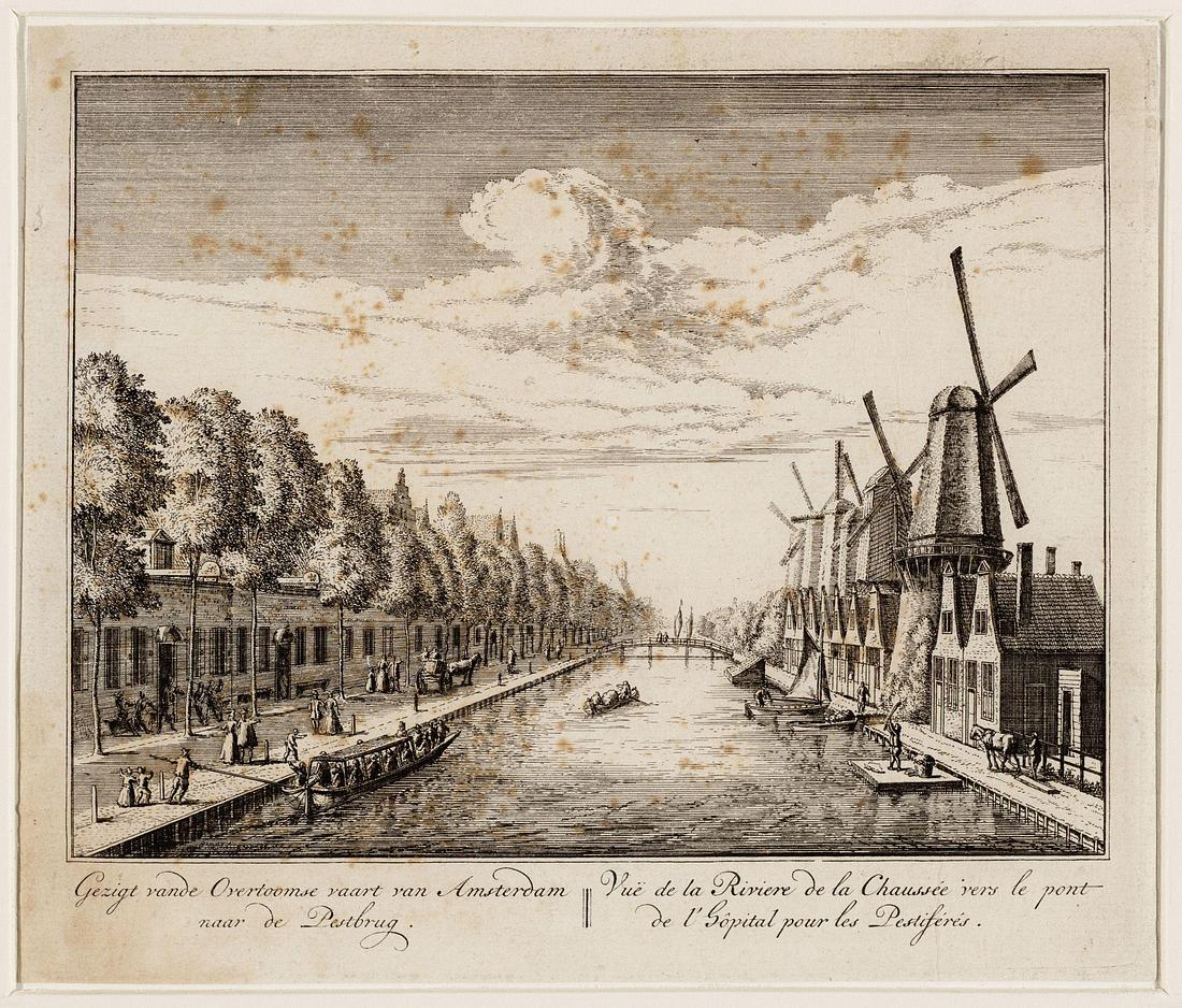 1, Molen 06493 m Het Jagt (3e)/ 't Hoornsche Jagt (Amsterdam), De Overtoomsevaart in Amsterdam gezien in de richting van de Pestbrug. 1730. ets. &nbsp; Gezien van de brug in de Singelweg naar de Pestbrug. Van rechts naar links de molens: "de Rosenboom", "de Vier Winden", "de Spinner", "de Lelie", "het Jagt" (Het Hoornse Jagt) en "de Wolf". &nbsp;Collectie Beeldbank Amsterdam | Database Nederlandse molens