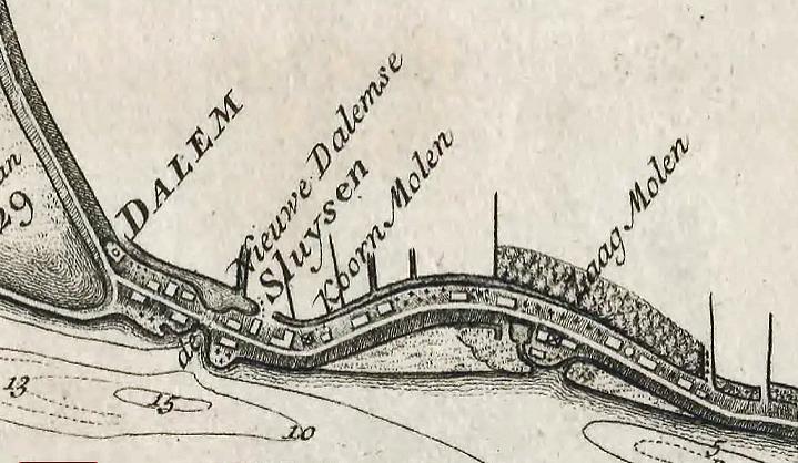 1, Molen 07784 (zaagmolen) (Dalem), Detail van de kaart: De Rivier de Merwede, van ontrent de Steenen-hoek, Oostwaards-op tot verby het dorp van Sleeuwyk: met den Ouden-Wiel, en de Killen, die uit deselve na den Bies-Bos afloopen etc.1729|[Nicolaas Cruquius]. | Database Nederlandse molens