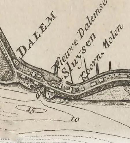 Molen 07783 Korenmolen van Dalem (Dalem), detail van de kaart:De Rivier de Merwede, van ontrent de Steenen-hoek, Oostwaards-op tot verby het dorp van Sleeuwyk: met den Ouden-Wiel, en de Killen, die uit deselve na den Bies-Bos afloopen etc.1729|[Nicolaas Cruquius]. | Database Nederlandse molens