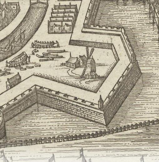 Molen 10146 Molen op Bastion VIII (Gorinchem), detail van kaart: Gorchum.1750|Amstelodami : I. Cóvens et C. Mortier excudit | Database Nederlandse molens