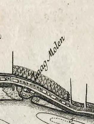 Molen 07784 (zaagmolen) (Dalem), Detail van de kaart: De Rivier de Merwede, van ontrent de Steenen-hoek, Oostwaards-op tot verby het dorp van Sleeuwyk: met den Ouden-Wiel, en de Killen, die uit deselve na den Bies-Bos afloopen etc.1729|[Nicolaas Cruquius]. | Database Nederlandse molens