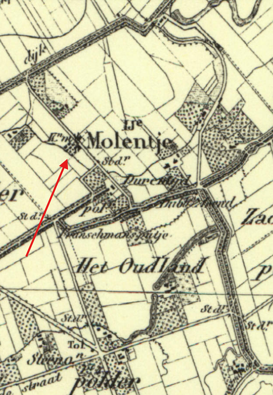 3, Molen 03323 a Molentje / Molen Leenhouts (IJzendijke), detail topografische kaart 1864 | Database Nederlandse molens