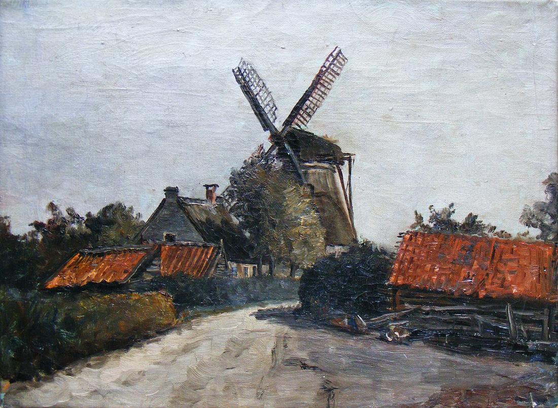 9, Molen 01790 bis Molen van Puijk (Blaricum), Dit schilderij afkomstig uit Schiedam, is geschilderd in 1921 maar niet gesigneerd. Alleen het schuurtje rechts is als fantasie toegevoegd.
Collectie Martin E. van Doornik, 26-12-2010 | Database Nederlandse molens
