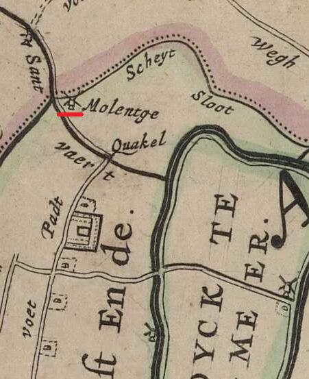 Molen 16262 Molentge (Sassenheim), &nbsp;Detail van kaart: t'Hoogheymraedschap van Rhijnland [Atlas 8]Datering:&nbsp;1647, bron: Archieven.nl | Database Nederlandse molens