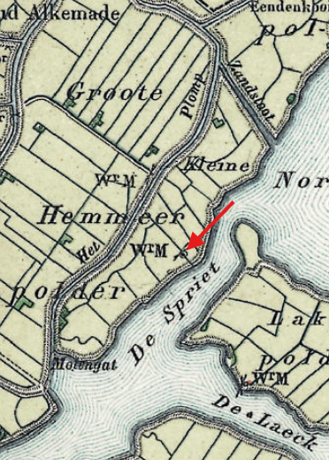 Molen 01793 a Klein Hemmeermolen (Warmond), detail van waterstaatskaart rond 1911 | Database Nederlandse molens