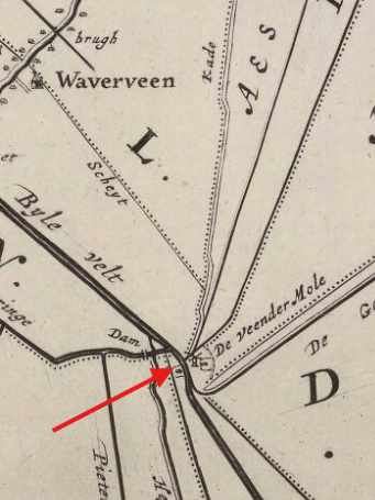 Molen 07515 De Veender Molen (Wilnis), Detail van kaart 1647: &nbsp;A-4275 t'Hoogheymraedschap van Rhijnland : [Ronde Venen] Bron: Archieven.nl | Database Nederlandse molens