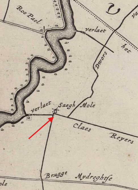 Molen 07525 Saeghmolen (Amstelhoek), detail van kaart 1647: &nbsp;A-4275 t'Hoogheymraedschap van Rhijnland : [Ronde Venen] Bron: Archieven.nl | Database Nederlandse molens