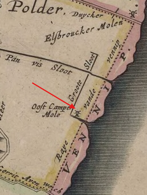 Molen 16193 Auscamperpolder / Mollemslootpolder, Oost Camper Mole (Hillegom), detail van kaart 1647:&nbsp; A-4273 t'Hoogheymraedschap van Rhijnland : [Noordwijkerhout - Hillegom]
Vervaardiger:&nbsp;Douw, Jan Janszoon; Brouckhuijsen, Steven Pieterszoon vanGraveur/etser/lithograaf:&nbsp;Cornelis Dankerts
Bron: Archieven.nl | Database Nederlandse molens