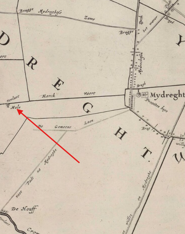 Molen 07529 (molen bezuiden de Kerkvaart) (Mijdrecht), detail van kaart 1647, A-4275 t'Hoogheymraedschap van Rhijnland : [Ronde Venen] Bron Archieven.nl | Database Nederlandse molens