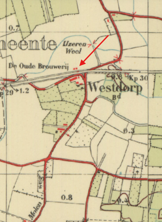 Molen 17297 De Oude Brouwerij (Baarland), detail topografische kaart 1950, bron topotijdreis | Database Nederlandse molens