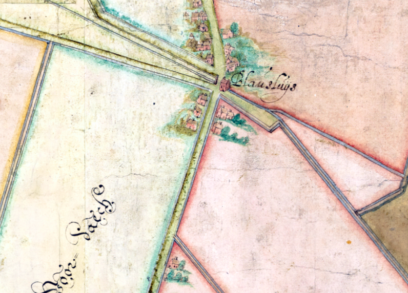5, Molen 17378 Molen van Blauwe Sluis (Blauwe Sluis), Een nieuwsbladkaart uit de tijd van de belegering van Breda door Spinola, gedrukt door Claes Jansz Visscher in Amsterdam, 1625, toont wel de Bloemendaalse Dijk en de sluis (bruggetje), maar geen windmolen.[1] De kaart is voor dergelijke details overigens onbetrouwbaar. Zo staat er een straatdorp Moerdijk op, met kerk, dat in die tijd helemaal niet bestond! | Database Nederlandse molens