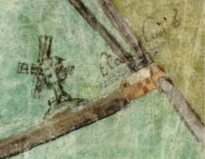 2, Molen 17378 Molen van Blauwe Sluis (Blauwe Sluis), 4.VTH1822B ao 1561 toont de Blauwe Sluis als een geelbruin gebouw met tunnel waar het water doorgaat met buitendijks een standerdmolen op een molenberg | Database Nederlandse molens