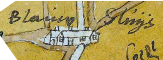 3, Molen 17378 Molen van Blauwe Sluis (Blauwe Sluis), 4.VTH1889A ao 1591 is een eenvoudige kaart. Daarop is de Blauwe Sluis een tweetal witte gebouwen met drie schoorstenen en een tunnel waar het water doorgaat. Geen molen | Database Nederlandse molens
