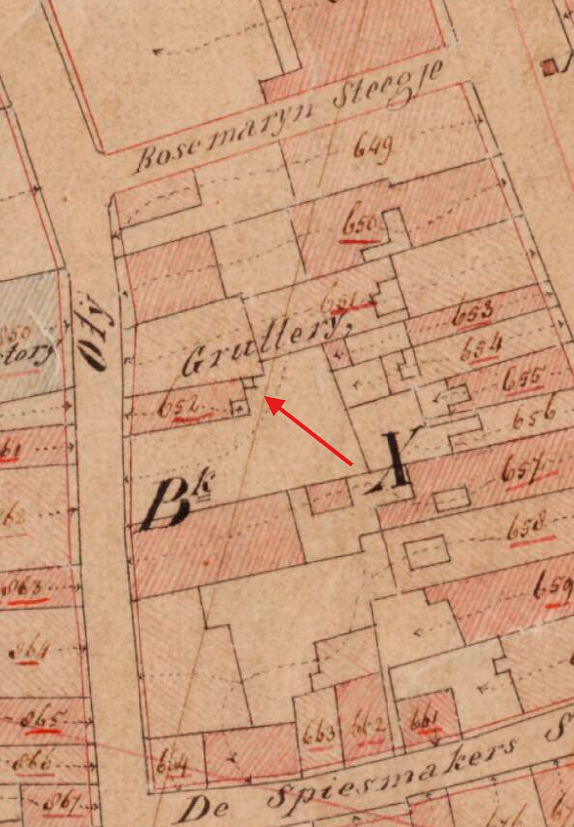 Molen 18162 Grutterij van Gosewinus Blomhert - Oliestraat (Zaltbommel), Kadastrale kaart 1811-1832: minuutplan Zaltbommel, Gelderland, sectie A, blad 01 | Database Nederlandse molens