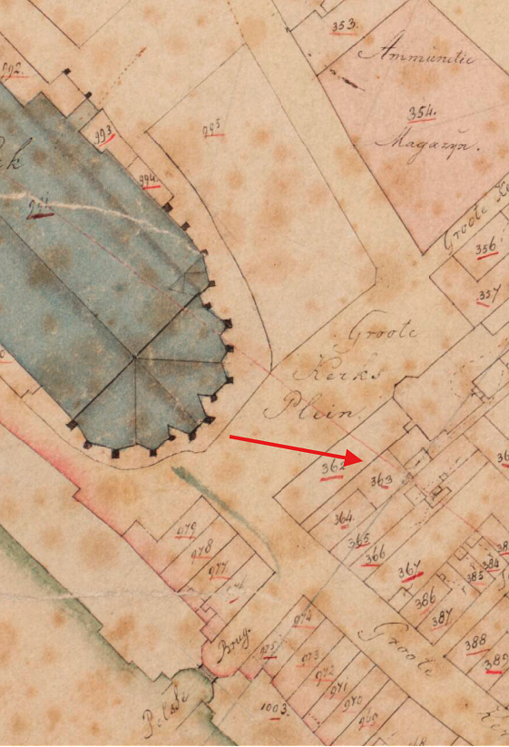Molen Grutterij de Grote Wijnberg van Johannes Koevoets - Grotekerksbuurt (Dordrecht), Kadastrale kaart 1811-1832: minuutplan Dordrecht, Zuid-Holland, sectie F, blad 01&nbsp; | Database Nederlandse molens