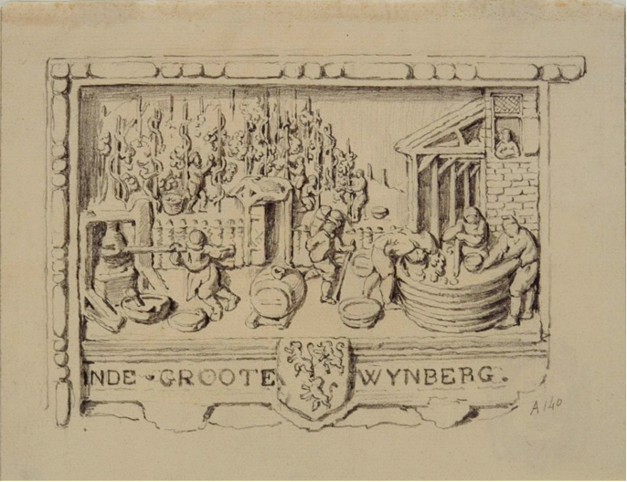 1, Molen Grutterij de Grote Wijnberg van Johannes Koevoets - Grotekerksbuurt (Dordrecht), Gevelsteen tekening Grotekerksbuurt 53 Beeldbank Regionaal Archief Dordrecht 551_30214 | Database Nederlandse molens