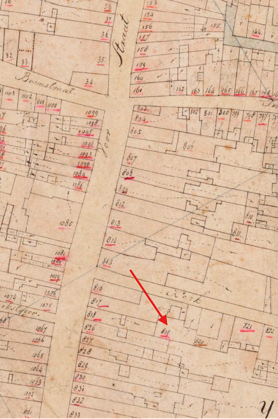 Molen Grutterij het Bonte Paard - Voorstraat (Dordrecht), Kadastrale kaart 1811-1832: minuutplan Dordrecht, Zuid-Holland, sectie G, blad 01 | Database Nederlandse molens