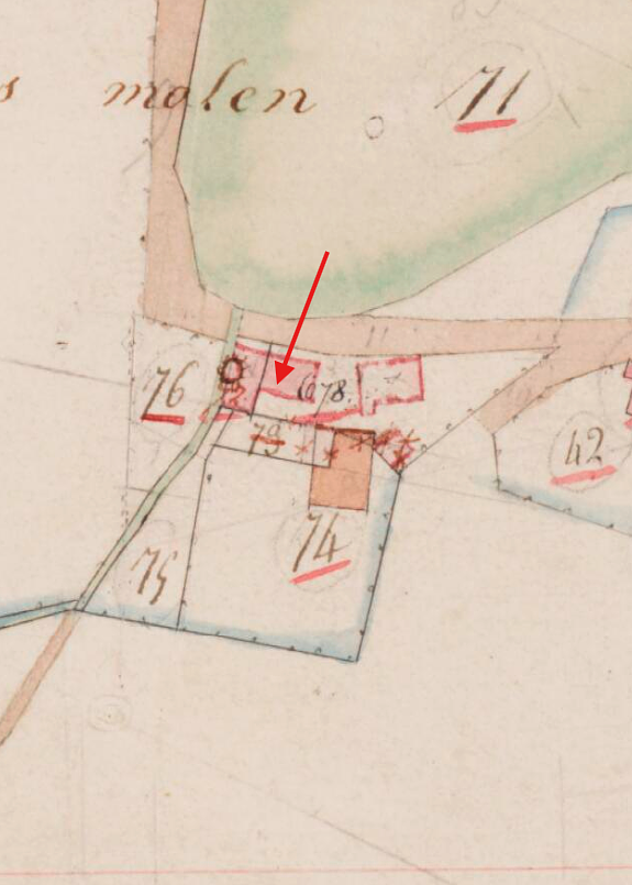 Molen Grutmolen bij de onderste Plasmolen (Plasmolen), Kadastrale kaart 1811-1832: oorspronkelijke aanwijzende tafel Mook en Middelaar, Limburg, sectie B, blad 003 | Database Nederlandse molens