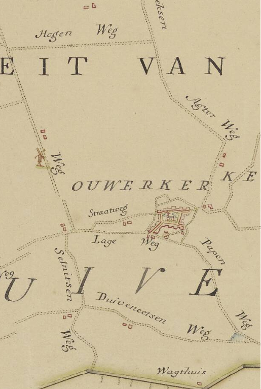 Molen 17047 Molen van Ouwerkerk (Ouwerkerk), fragment van&nbsp; Kaarte van het Oostelyk gedeelte van Schouwen en Duivenland 1752, collectie Nationaal Archief | Database Nederlandse molens
