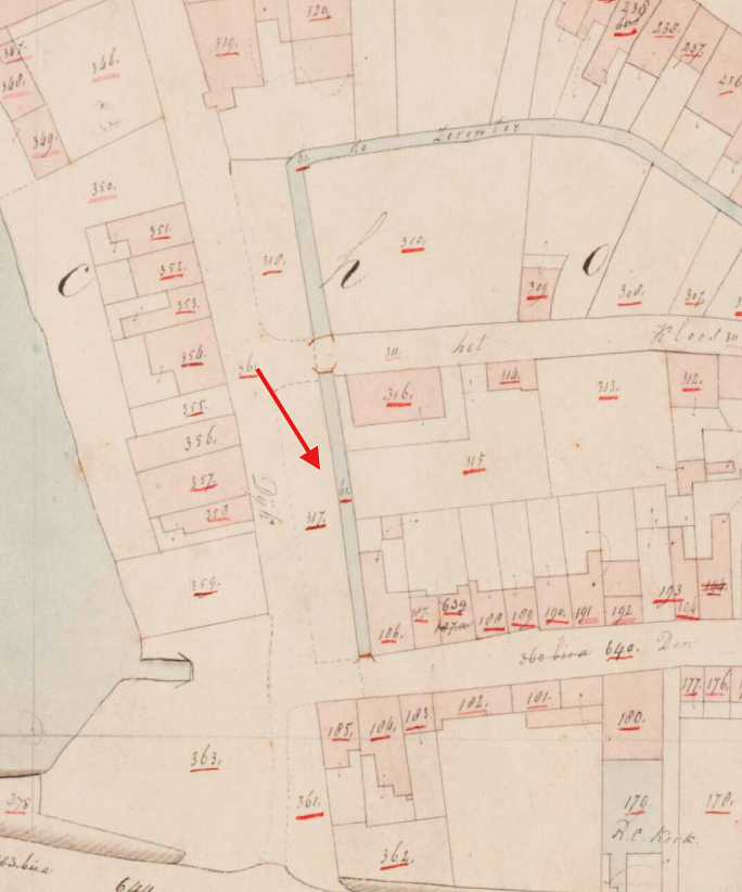 Molen 16887 (oliemolen) (Schoonhoven), Kadastrale kaart 1811-1832: minuutplan Schoonhoven, Zuid-Holland, sectie B, blad 01&nbsp; | Database Nederlandse molens