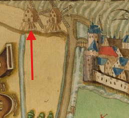 1, Molen 16575 (korenmolen) (Schoonhoven), detail van Historische kaart van Schoonhoven en omgeving (1552) | Database Nederlandse molens