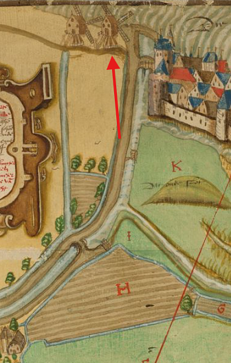 Molen 09139 (standerdmolen) (Schoonhoven), Detail van Historische kaart van Schoonhoven en omgeving (1552) | Database Nederlandse molens