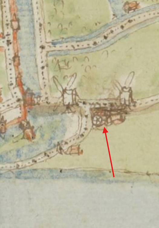 Molen (rosmolen) (Schoonhoven), Detail van Kaart Schoonhoven met Nieuwpoort, ca. 1550. | Database Nederlandse molens