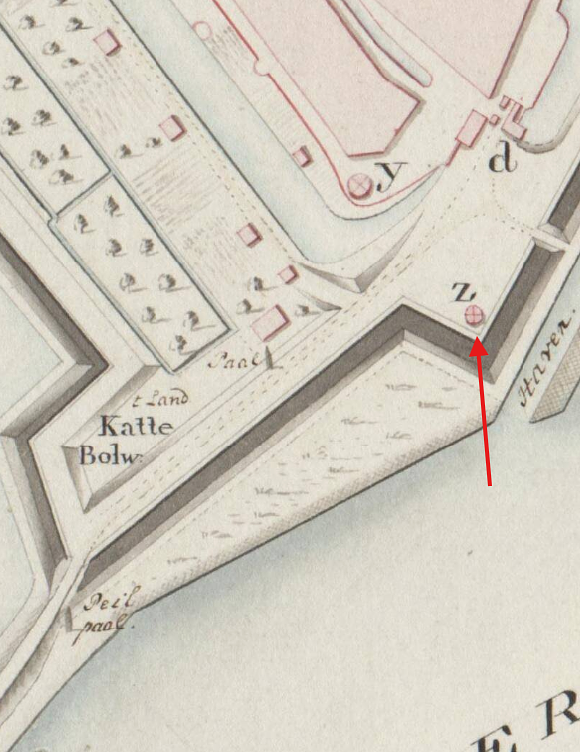 1, Molen 17668 Hennipklopper buiten de Vrouwenpoort (Schoonhoven), Ministerie van Oorlog, 1772, gahetna.nl, z = deze hennipklopper, d = Vrouwepoort, y= molen De Hoop | Database Nederlandse molens