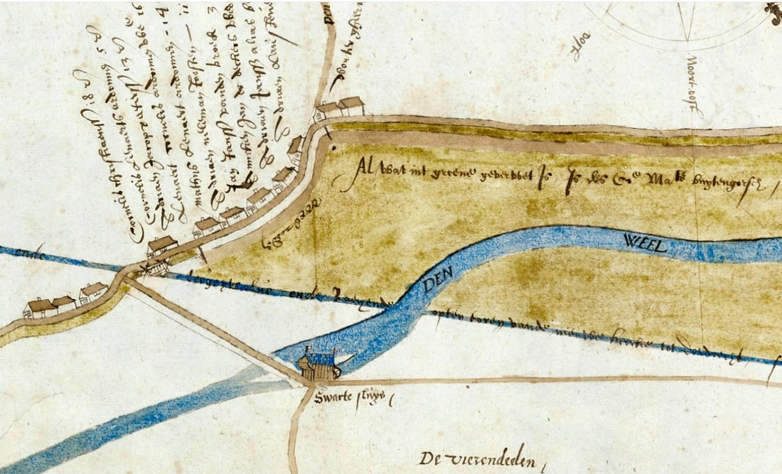 1, Molen Getijdenmolen Zwarte Sluis (Lage-Zwaluwe), Omstreeks 1585 maakte Claes Pieterszoon de Kaart van den Boerenpolder en van de gorzen liggende langs den dijk van de Lage Zwaluwe (NAG, 4.VTH 1826). De datering “ca 1585” is&nbsp; gebaseerd op de naam van de schout Jan Huyghensz. die in de jaren 80 van 16e eeuw actief was en&nbsp;op de kaart genoemd wordt. | Database Nederlandse molens